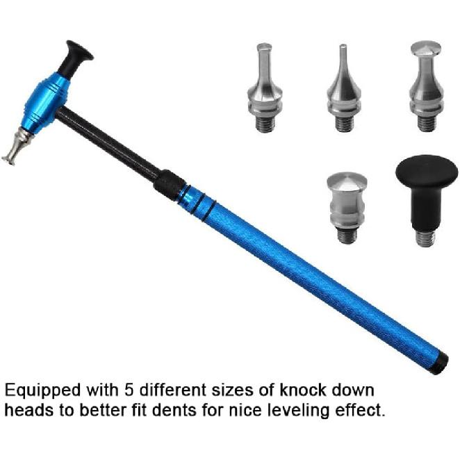Beulenreparaturgerät, Auto-Beulenreparaturwerkzeug Teleskopischer Aluminiumlegierungshammer mit 5 Abziehköpfen Lackfreie Beulenentfernung Werkzeugsatz