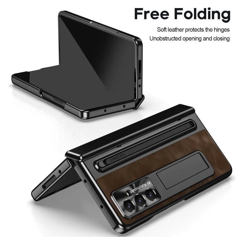 Fold 7 Luxury Dark Retro PU Leather Phone Case for Samsung Galaxy Z Fold 7 6 5 4 3 with Pen Slot Hinge Protection Kickstand