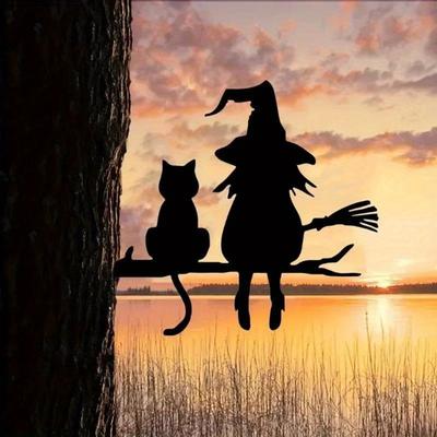 Iron Witch Cat Garden Sculpture Outdoor Decor