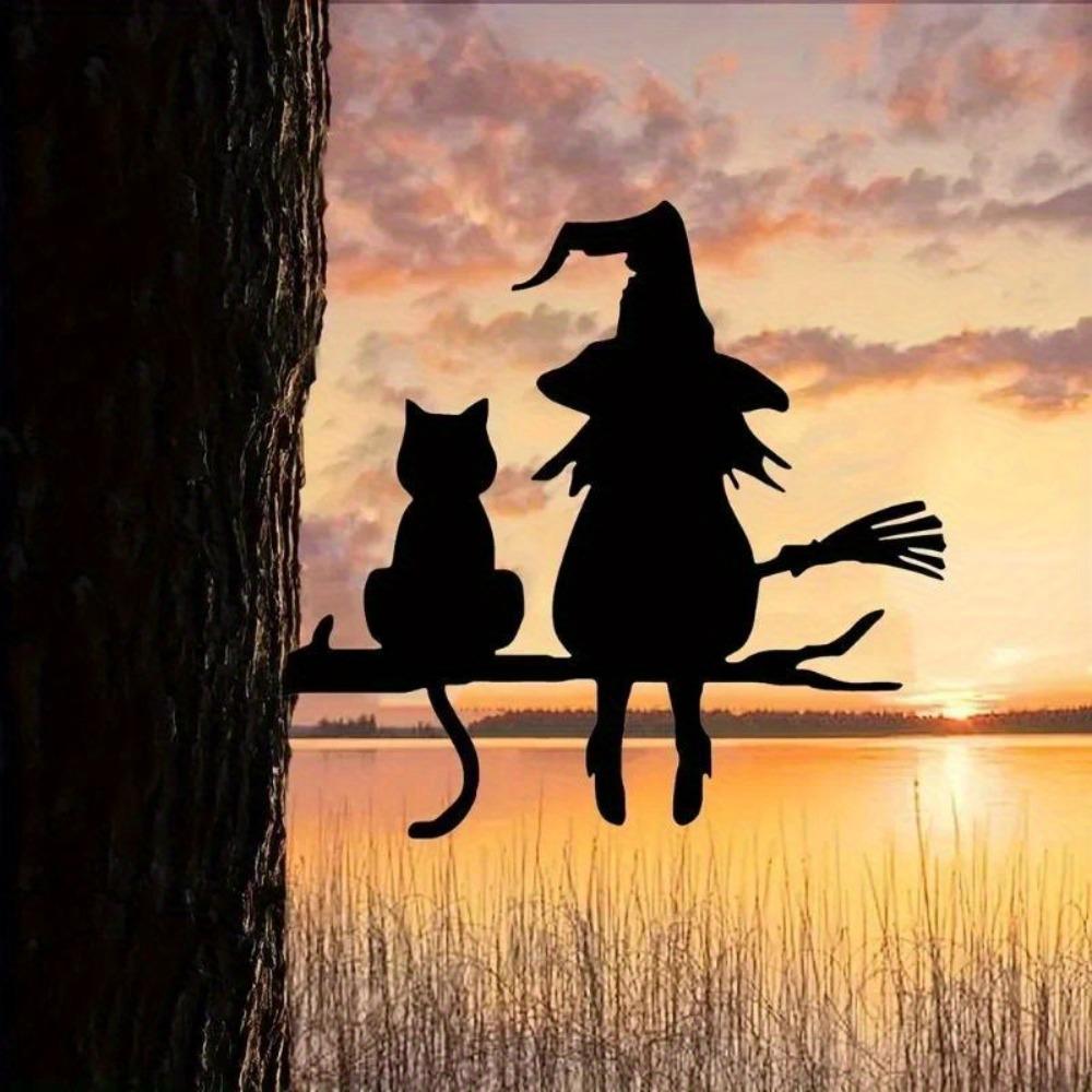 Iron Witch Cat Garden Sculpture Outdoor Decor
