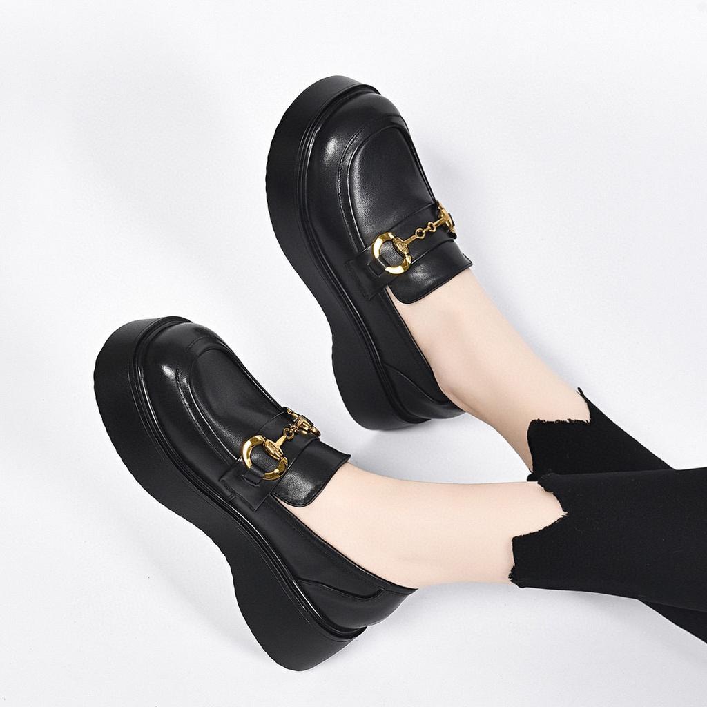 Platform shoes women's spring new muffin heel round head foot shoes black first-layer cowhide women's shoes