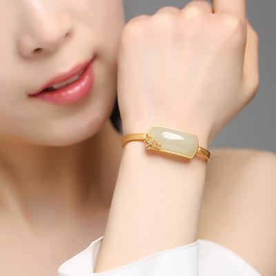 Temperament Jade Geometry Bangle For Lady Mother Gift Trendy 925 Silver Bangle Open Size Women Bracelet
