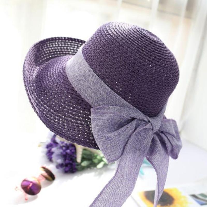 Ribbon Bowknot Decor Straw Hat Round Dome Solid Color Folding Women Big Brim Sunscreen Travel Hat Fashion Accessories
