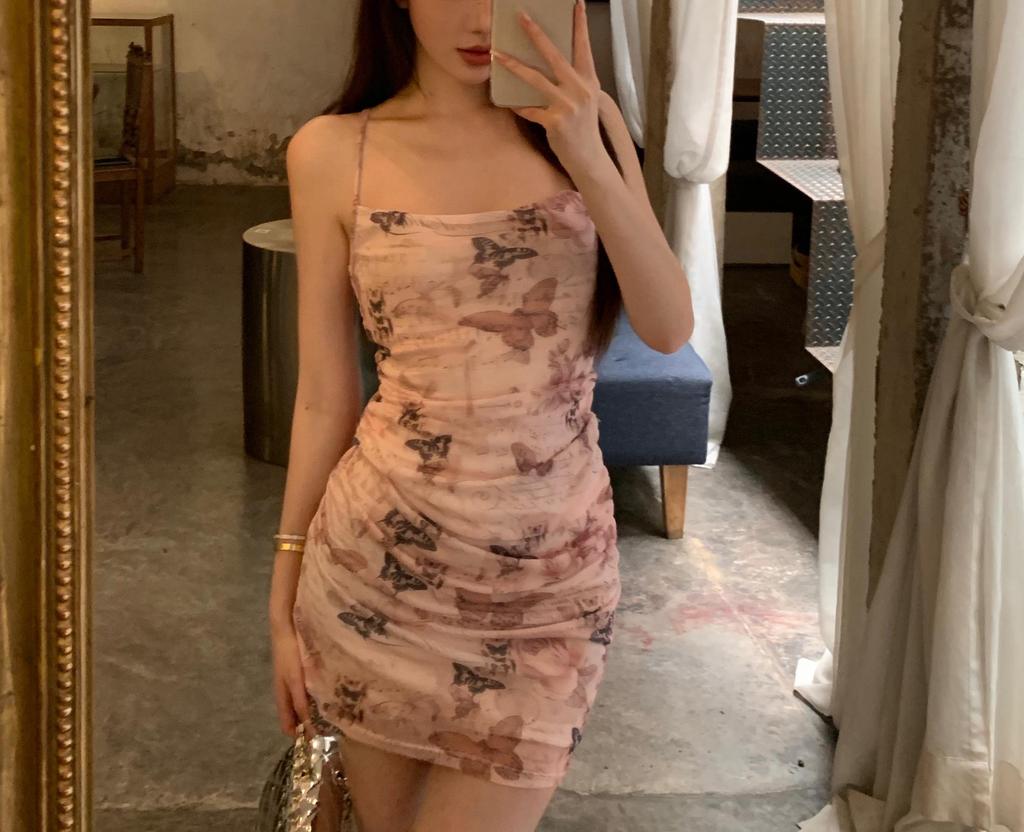 Butterfly Print Spaghetti Strap Waist-Hugging Backless Bodycon Dress for Women - Long, Summer Style