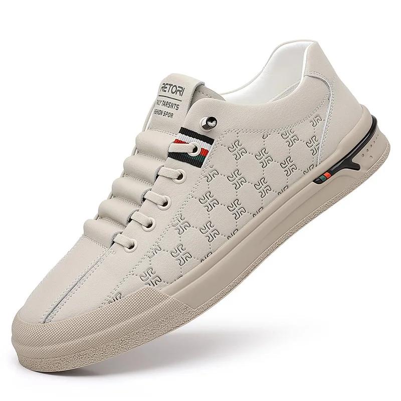 Fashion Spring New Shoes for Men Genuine Leather Casual Shoes Fashion Knurling Flat Skateboard Shoes Youth Lace-up Sneakers