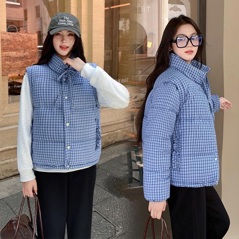 Winter loose stand-up collar blue plaid zipper clip cotton thickened sleeveless cotton jacket vest jacket