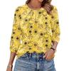 Women Floral Print 3/4 Sleeve Round Neck Pleated Casual Blouse Top Lightweight Comfortable Fit