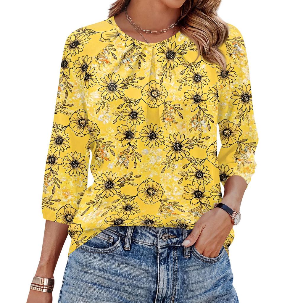 Women Floral Print 3/4 Sleeve Round Neck Pleated Casual Blouse Top Lightweight Comfortable Fit