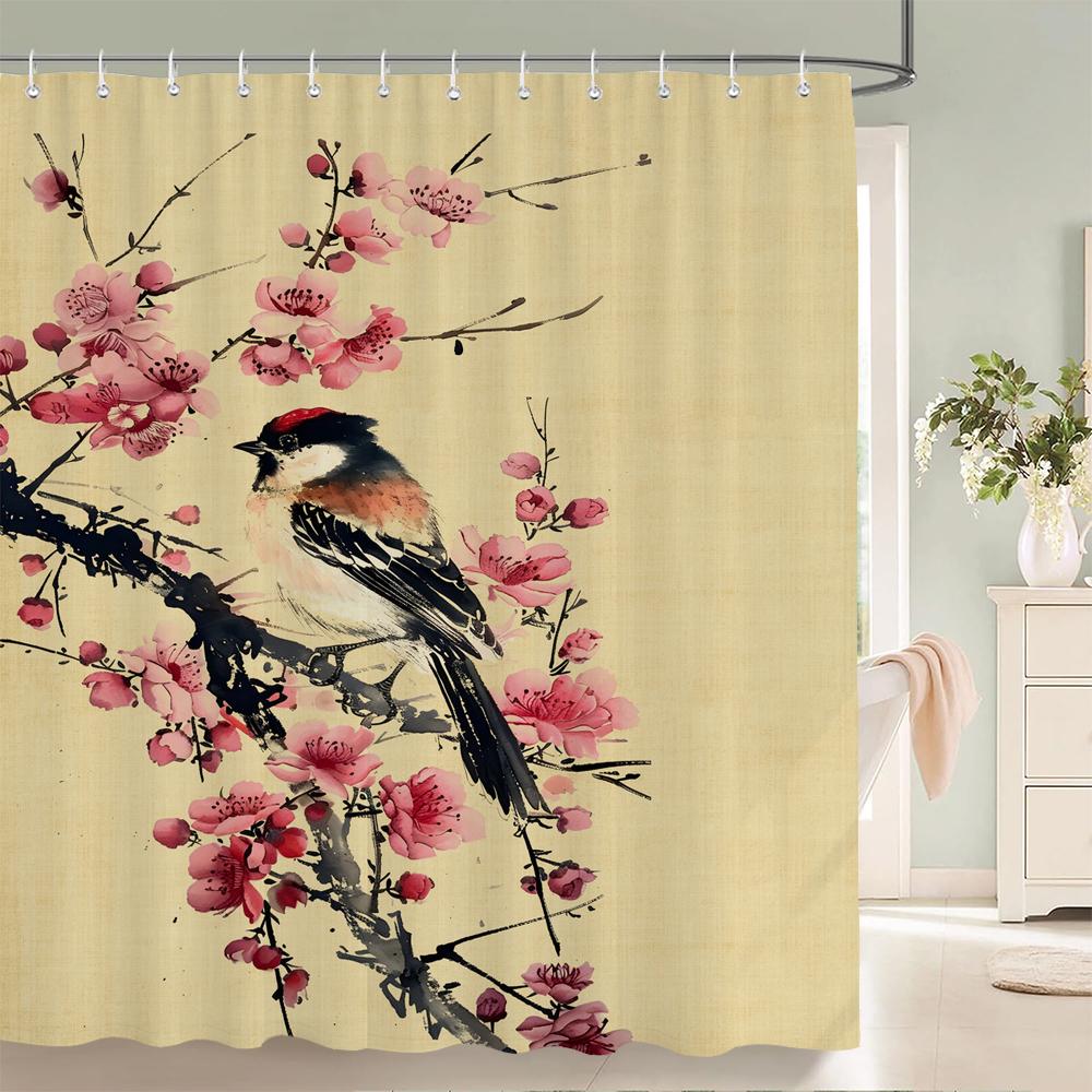 1 Pc The Japanese Plum Blossom Bird Print Shower Curtain With Hooks Modern Polyester Shower Curtain Bathroom Decoration Curtain