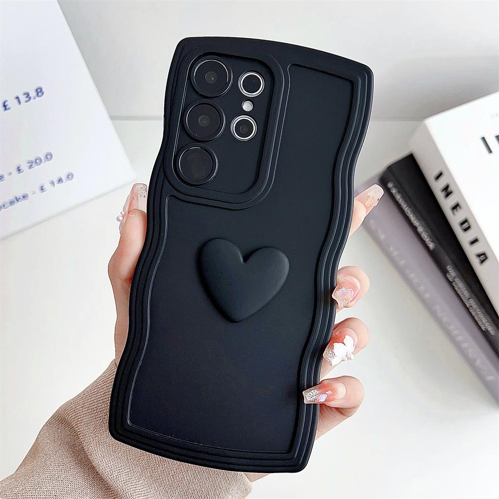 Jednobarevný měkký silikonový kryt pro Samsung Galaxy S24 S23 Ultra S22 S23 S21FE A53 A55 A35 A32 A05 A52 A34 s 3D srdíčkem a vlnitým rámečkem