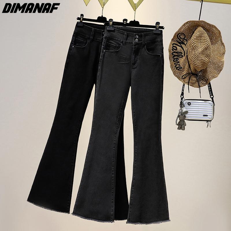 

DIMANAF 2022 Большие размеры осенние джинсы женские базовые эластичные брюки свободные повседневные женские расклешенные черные брюки XL чёрный