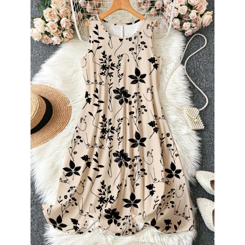 Women's Summer Sleeveless Mid Dress Crew Neck Sleeveless Printed Beach Dress