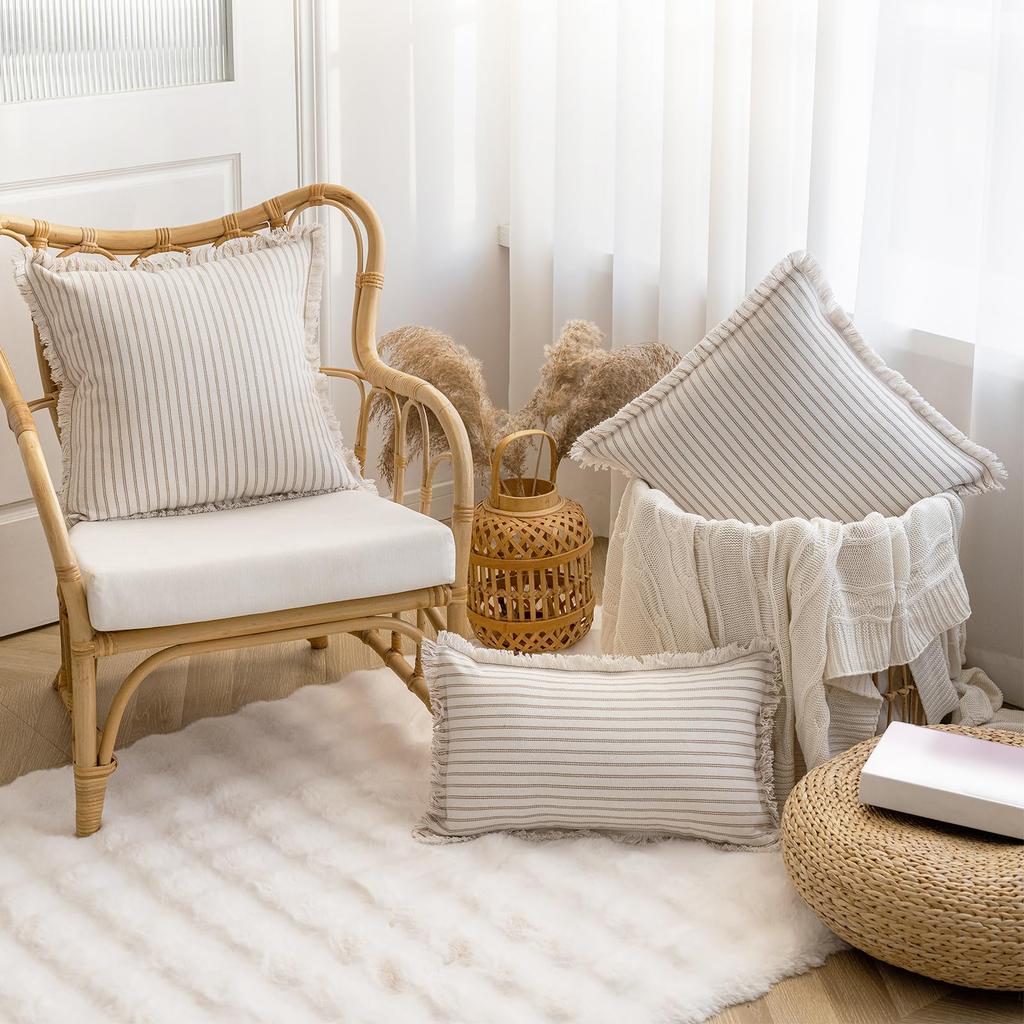 Throw Pillow Covers Set of 2 Striped Fringe Pillow Cover Farmhouse Cushion Covers with Tassel Neutral Boho Pillowcase for Couch