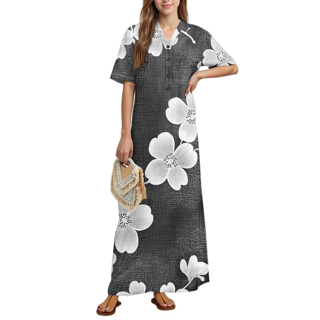 Women's Fashion Printed Nightgown Home Clothes Short Sleeve Nightgown With Pockets Long Dress