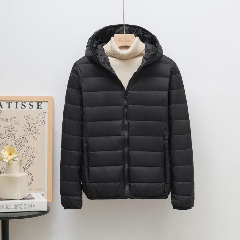 Down jacket women's light and thin fashion hooded short plus large size plus fat white duck down light European size coat