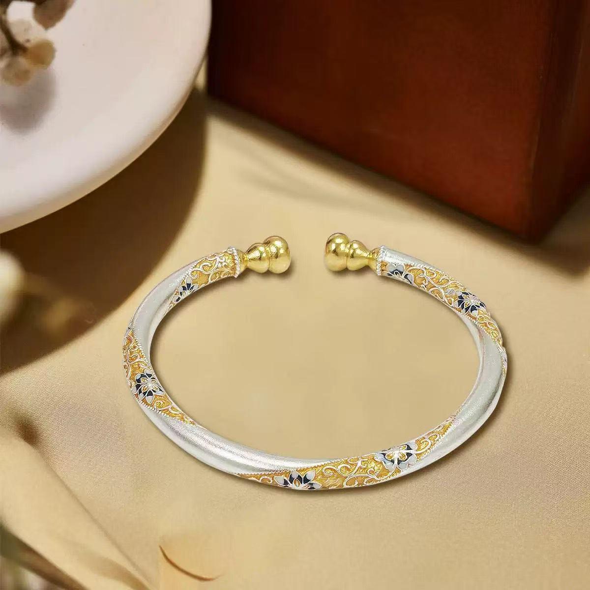 Gold Enamel & Sterling Silver Blooming Flowers Gourd Bangle - Versatile Gift for Girlfriend 999.9 Sterling Silver