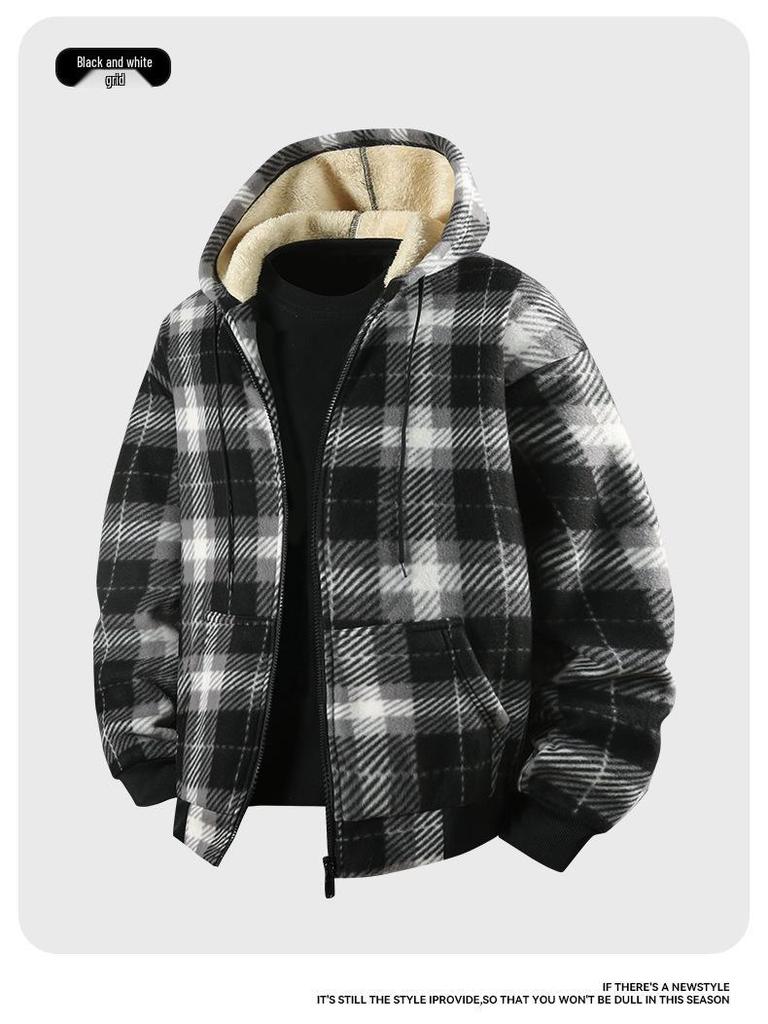 Europäischer Herren Herbst-Winter Gestreifter Karomuster Samt Hoodie Strickjacke - Verdickt Mode Lässig Sportbekleidung