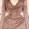 Women Summer Casual V Neck Long Sleeve Mini Dress High Waist A Line Sheath Solid Color Spring Elastic Dress