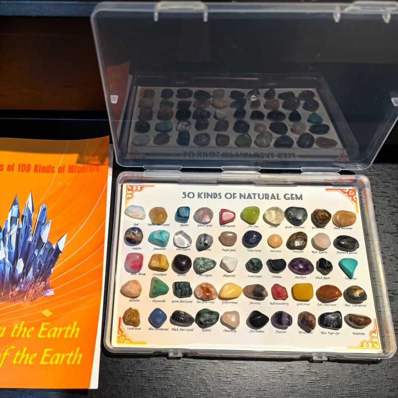 Mineral specimens and a 100-page rock atlas, including crystal, agate, fluorite, tiger's eye, and more.