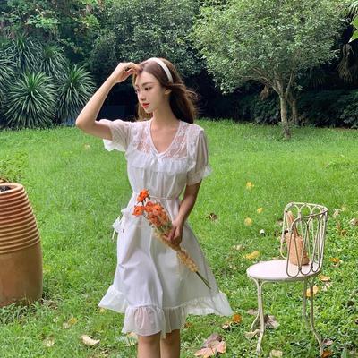 Robe Douce pour Femmes en Été Japonaise Soft Girl Doux Nœud Col Rond Maille Manches Courtes Blanc Jupe Midi