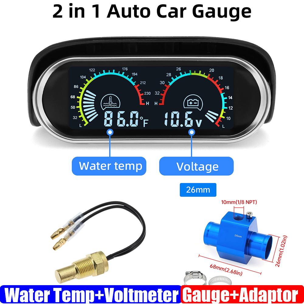 Dual Gauge 2 IN 1 LCD Meter Water Temperature Gauge+VOLTS with Sensor Water Temp Joint Pipe Sensor 26MM 40MM Hose Adapter 12V24V