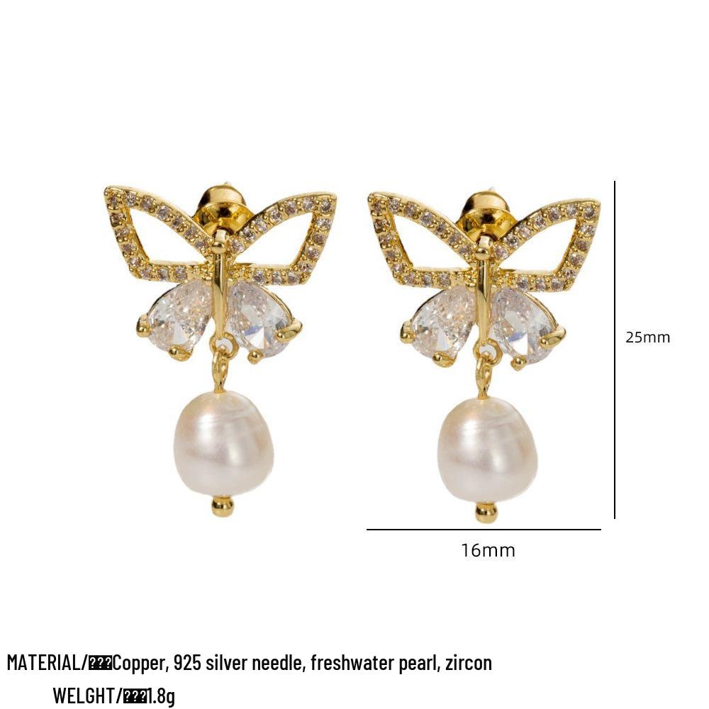 

Japanese & Korean Style Zircon Butterfly Baroque Pearl Fairy Earrings - Retro High-End Niche Design for Women