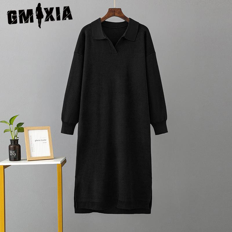 

GMXIA Женские осенне-зимние трикотажные свободные платья большого однотонного цвета с воротником-поло и подкладкой one size чёрный