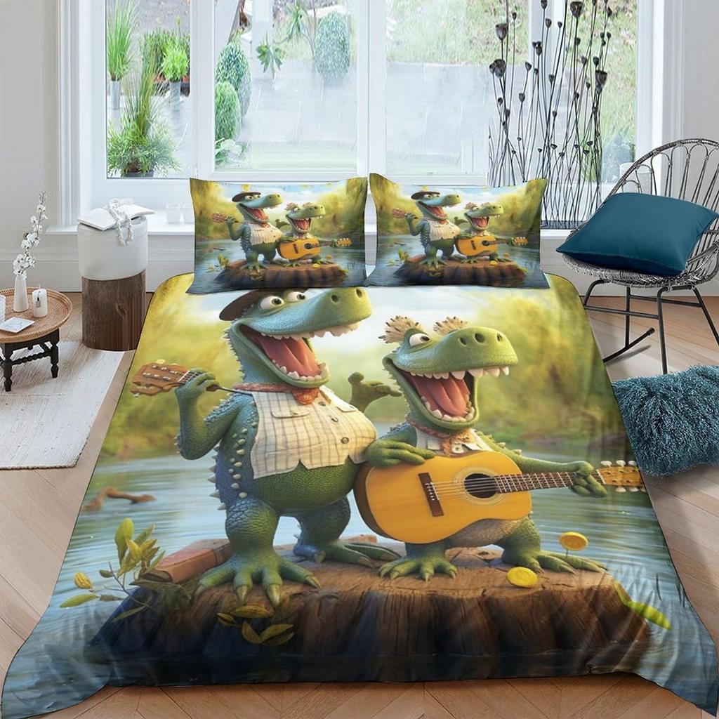 Alligator Duvet Cover Set Crocodile Wildlife Pattern Microfiber Bedding Set Adult Kid Bedroom Soft Comforter Cover with Zipper