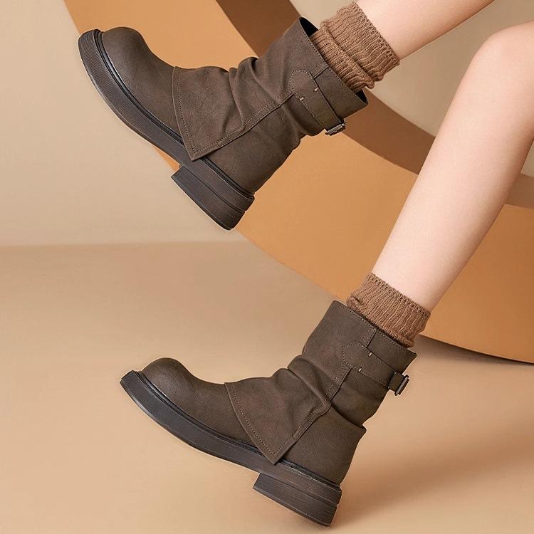 Brown Trouser Boots Women's 2025 Autumn and Winter New Retro Versatile Martin Boots Thick-soled Pleated Piled Boots Knight Short Boots
