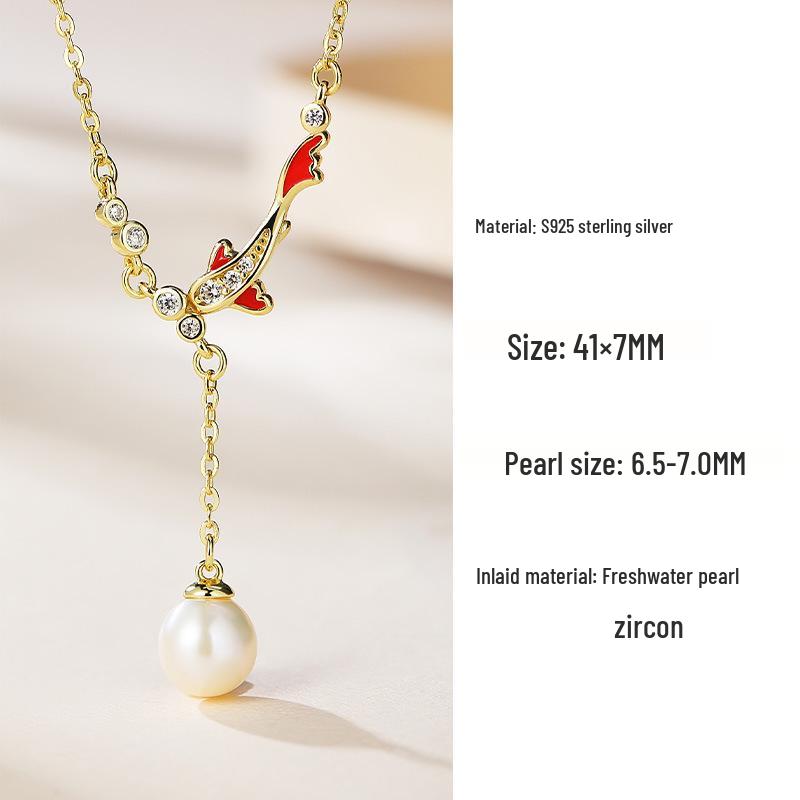 Chinese Lucky Koi Pearl Necklace in S925 Sterling Silver with Tassel Clavicle Chain - Elegant and Exquisite Jewelry. S925 Silver