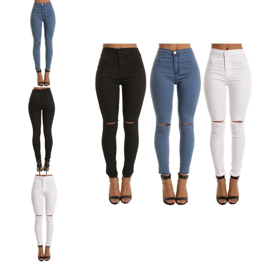 Damen Mode Einfarbig Skinny Lange Hosen Ausgeschnitten Sexy Hohe Taille Jeans Für Mühelosen Stil