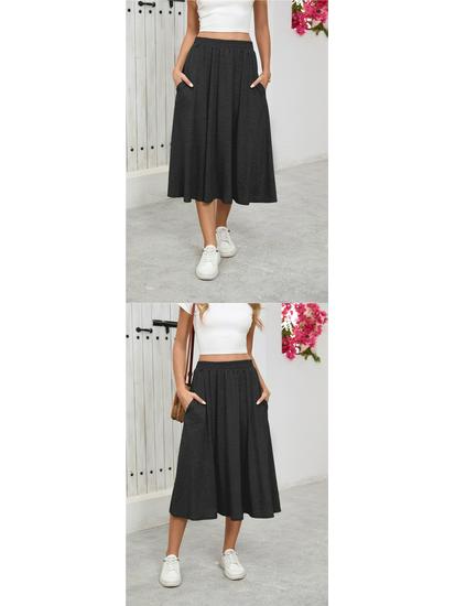 European High-Waisted Casual Midi Skirt - A-Line, Loose Fit, Draped Hem
