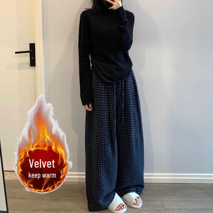 Two-Color Retro Plaid Velvet Fleece-Lined Wide-Leg Casual Pants