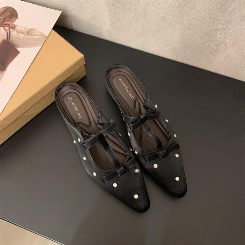 Fashion Gentle Fairy Half Slippers 2025 New Spring Elegance High Quality Casual and Comfortable Bow Pointy Square Slippers