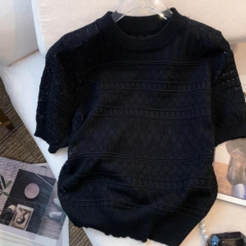 Summer Thin Hollow Out Crew Neck Pullover Sweater Versatile Short Sleeve Knitted Top for Spring & Women's Clothing