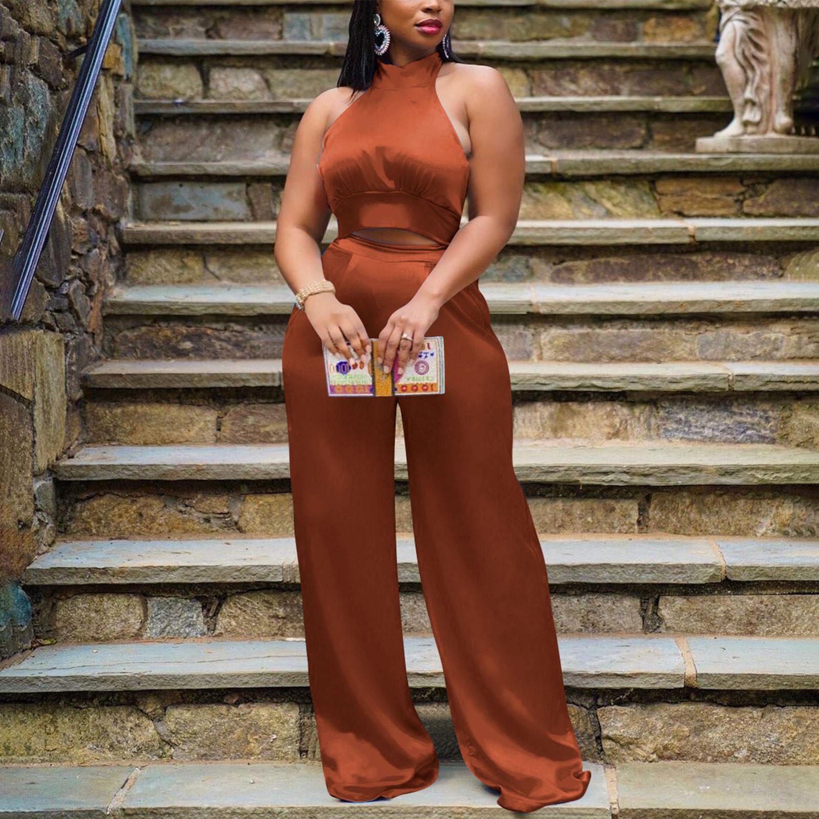 

Женский сексуальный атласный комплект из двух предметов с открытым пупком и открытой спиной, укороченный топ с открытой спиной, комплект с широкими брюками, блестящий комбинезон, комбинезон XXL кофейный