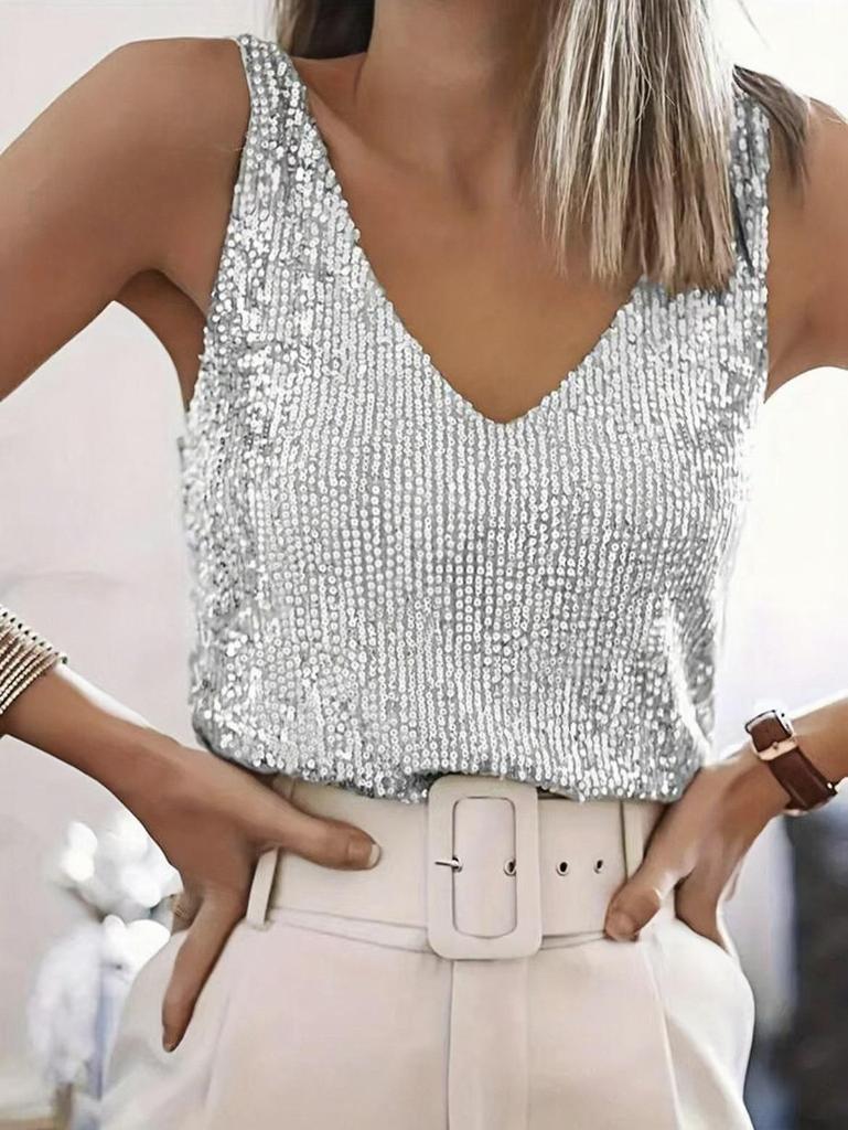 2026 Spring/Summer Women's V-neck Sequin T-shirt Vest