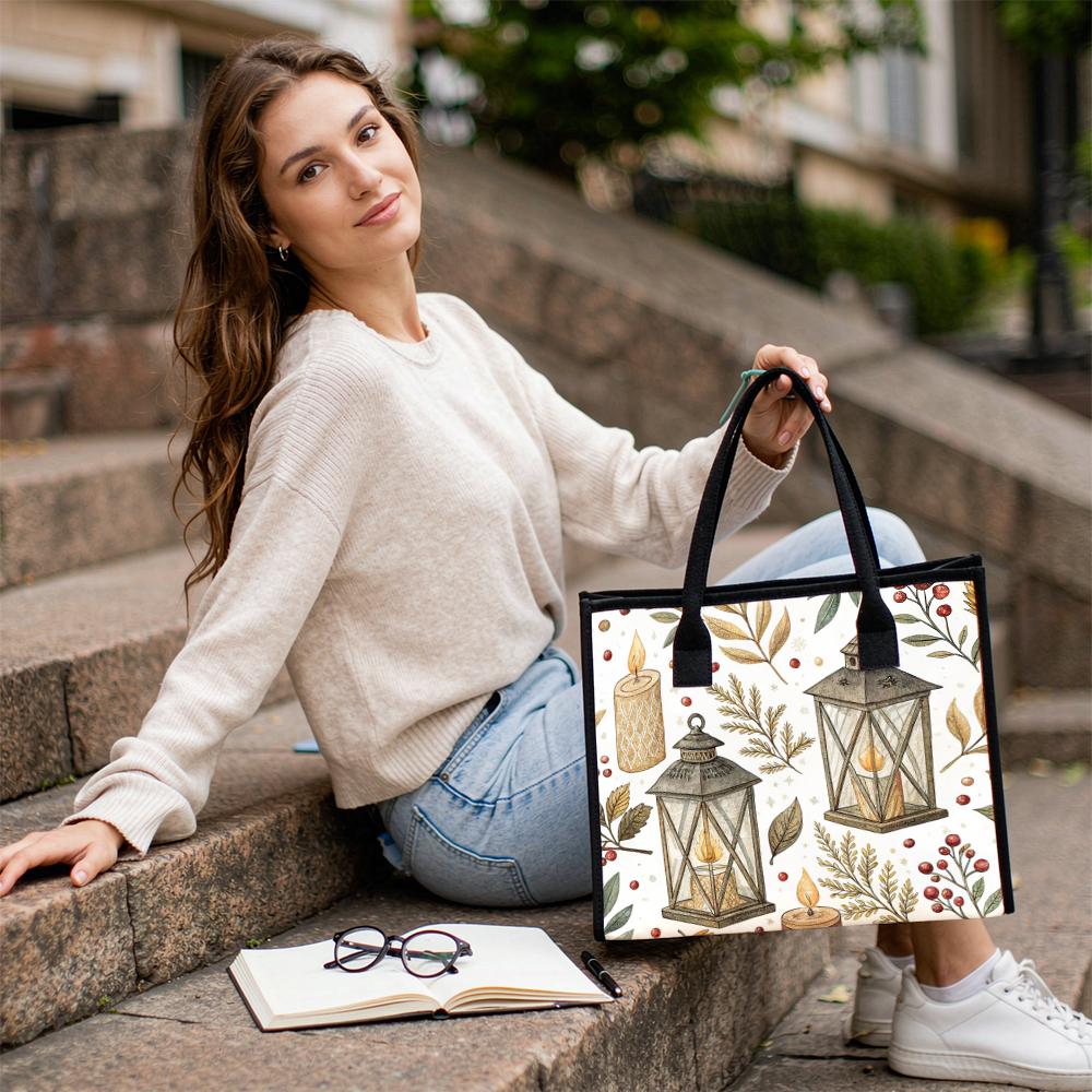 Vintage Winter Printed Canvas Tote Bag Casual Large Capacity Daily Carry Handbag