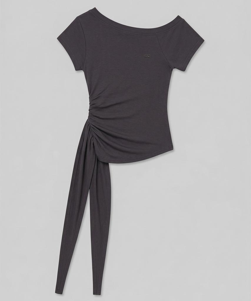 CHICKS Drape Strap One-Shoulder Short Sleeve Charcoal