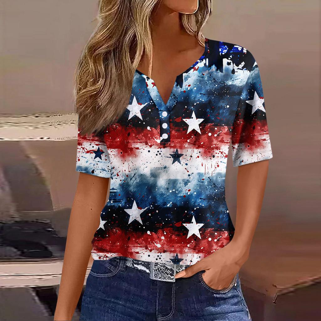 Lässiges T-Shirt für Damen zum Unabhängigkeitstag, bedruckt, V-Ausschnitt, kurzärmlig, mit Knöpfen