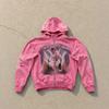 Gradient Rhinestone Angel Oil Painting Zip Up Hoodie Distressed Washed Black Loose Streetwear Men Women