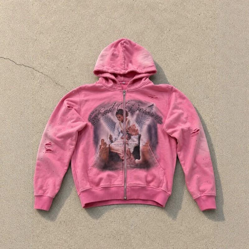 Gradient Rhinestone Angel Oil Painting Zip Up Hoodie Distressed Washed Black Loose Streetwear Men Women