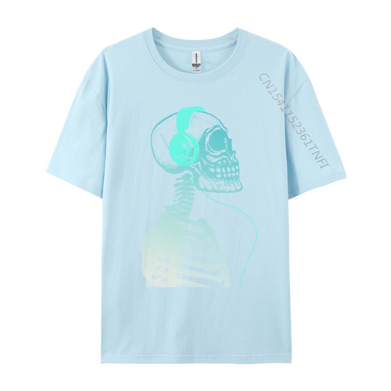 Skeleton Listening To Music With Headphones On His Skull T Shirt Black Vintage T-Shirt Pure Cotton Unique Camisas Hombre