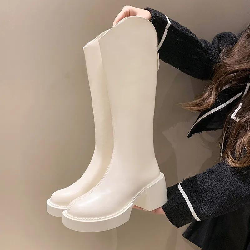 Обувь для женщин 2024Новая мода остроносые толстые каблуки женские сапоги до колена — фото 6