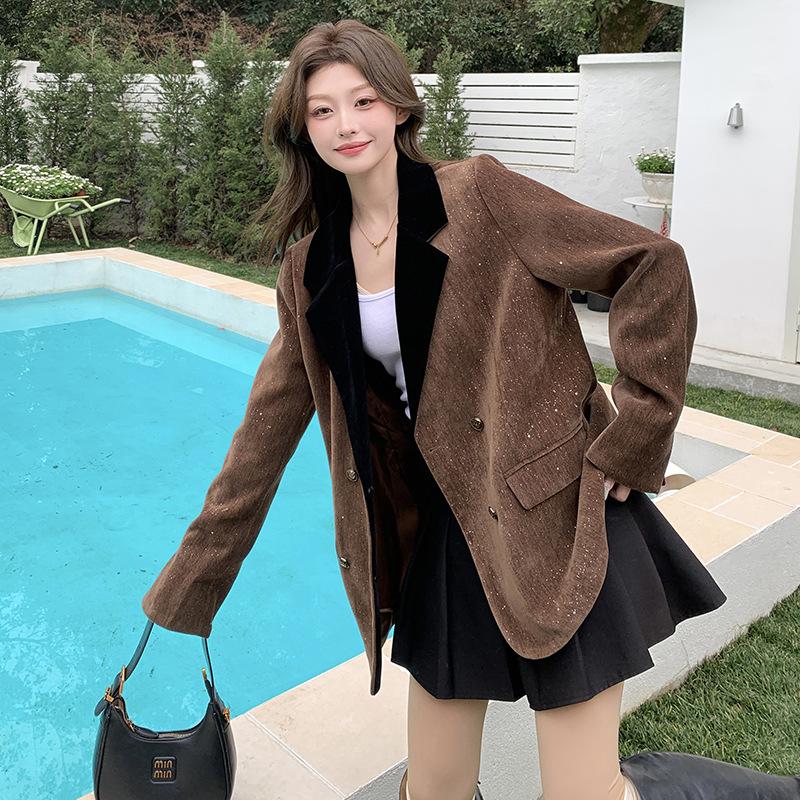 

Кофейный ретро повседневный блейзер женский весенний новый уникальный дизайн сочетание цветов костюм XL