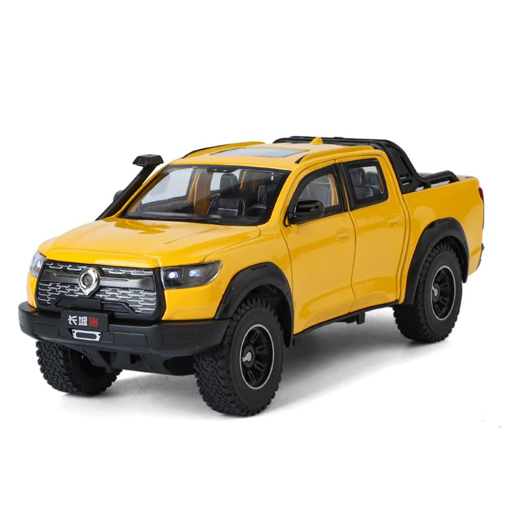 1/24 Alloy Die-cast Great Wall Cannon Pickup Truck Model Simulation Sound and Light Pull Off Road Vehicle Toy Collection Ornaments for Boys Gifts