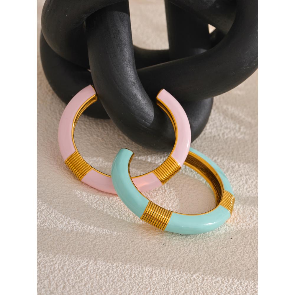 Yhpup Blue Pink Enamel High Quality Cuff Open Bracelet Bangle for Women 18K Gold PVD Plated Fashion Statement Wrist Jewelry Gift