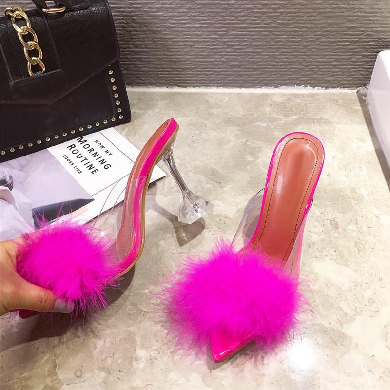 Eilyken Women Feather Transparent High Heels Fur Pumps Slippers Peep Toe Mules Pumps Slides White Ladies Shoes