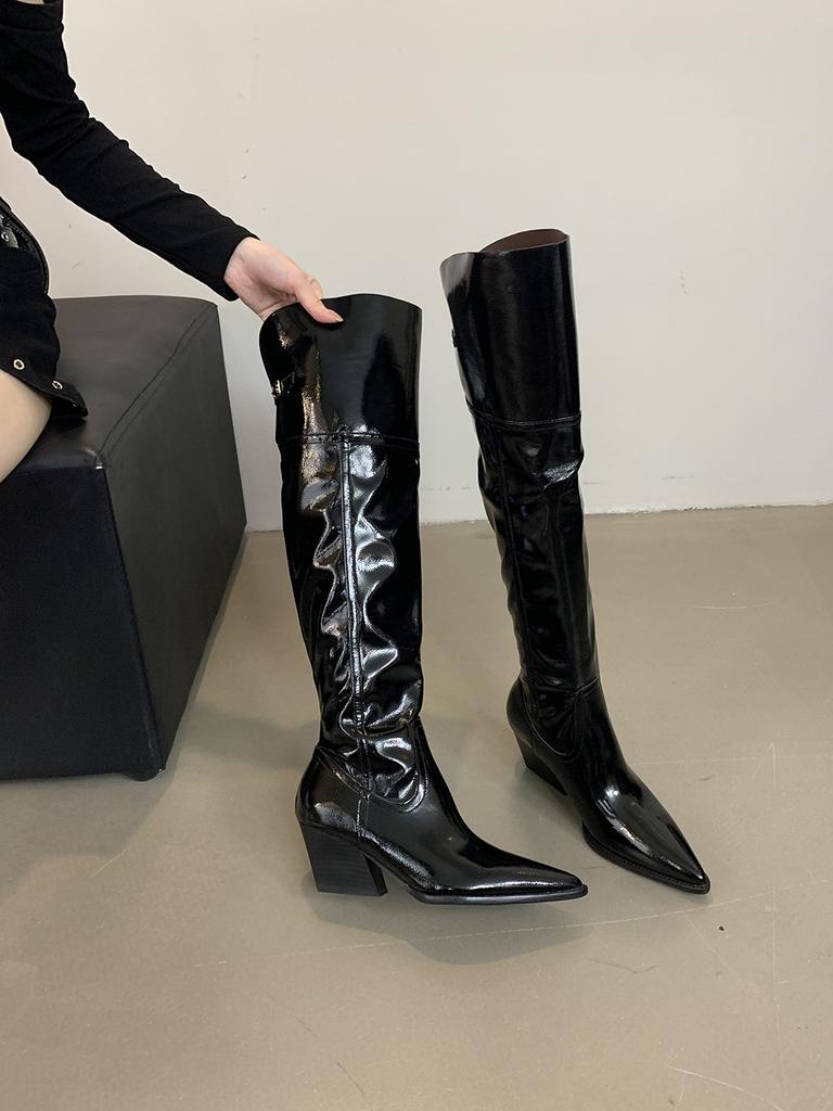 fashion Chelsea Boots For Woman Pointed Toe Patent Leather Ladies Party Pumps 2024 New Arrivals Fashion Slip On Western Botas Winter