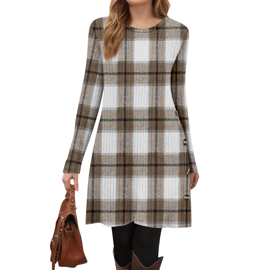 Women's Fashion Casual Long SleeveTunic Dress With Pockets Side Button Dress